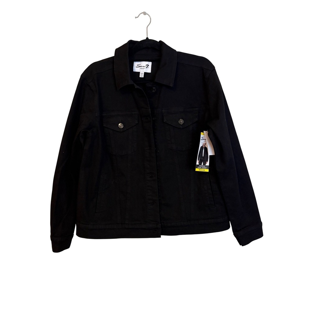 Seven7 Womens Denim Jacket Black Stretch Trucker Coat MY5302BL25 NWT Medium - Picture 2 of 10